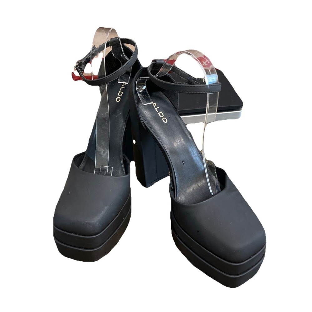 ALDO Grandle AnkleStrap Double Platform 5.75" Pump Satin Black Women Sz 11 Goth